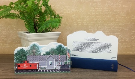 The front and back of the Fairfax Station Railroad Museum handcrafted in 3/4" thick wood by The Cat's Meow Village.