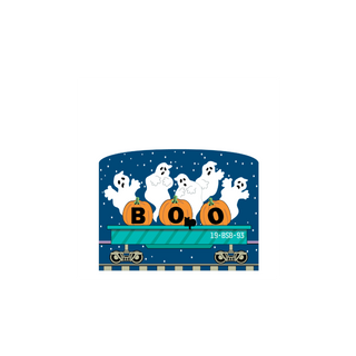 3/4" thick wooden Halloween-themed train car with ghosts and pumpkins spelling 'BOO' on a blue background.