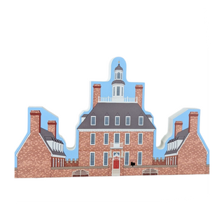 3/4" thick wooden replica of a building in Williamsburg, VA on white background