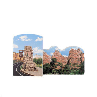 3/4" wooden replica with an illustration of Two scenic views of Zion National Park: one with a stone monument and road, the other with rock formations and trees.