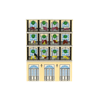 3/4" thick wooden illustration of a building facade with balconies and windows