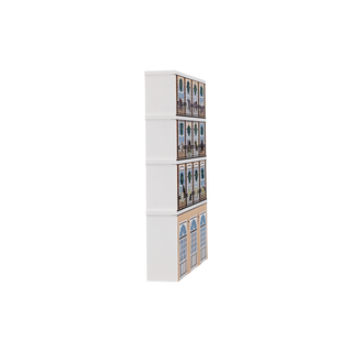 3/4" thick wooden illustration of a building facade with balconies and windows