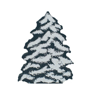 3/4" thick wooden replica with an illustration of a christmas tree covered in snow
