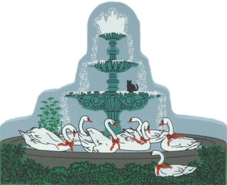 3/4" thick wooden replica of an illustration of a fountain with several white swans in the foreground, set against a plain white background.