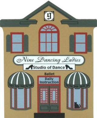 3/4" thick wooden replica of an illustration with the text 'Nine Dancing Ladies Studio of Dance' and 'Ballet Daily Instruction,' shown on a plain white background.