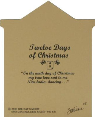 back of product with printed with the text 'Twelve Days of Christmas' and a quote about nine dancing ladies, plus small decorative illustrations. The card is photographed against a white background.