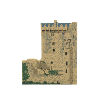 3/4" thick wooden cutout of a castle with detailed architecture on a beige background