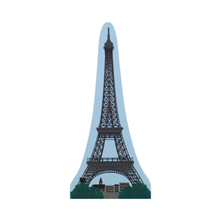 3/4" thick wooden replica with an Illustration of the Eiffel Tower with a blue background