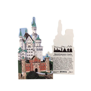 3/4" thick wooden replica with an Illustration  of Neuschwanstein Castle with descriptive text on a white background