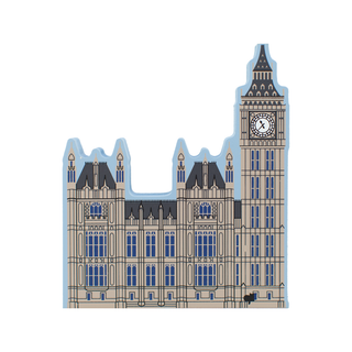 Stylized 3/4" thick wooden illustration of a clock tower with a blue outline on a white background