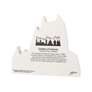 3/4" thick wooden cutout with black text about Chateau Frontenac in Quebec City on a white background