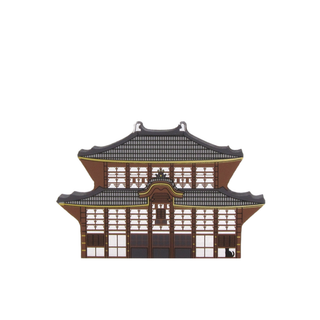3/4" thick wooden replica with an Illustration of  a traditional Japanese building with a black roof on a white background