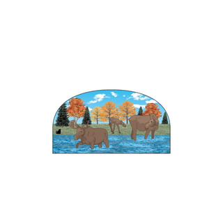 3/4" thick wooden Illustration of moose by a lake with trees in the background