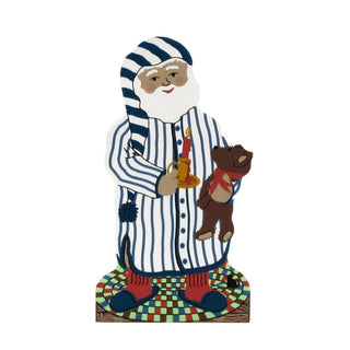 3/4" thick wooden replica with an Illustration of a figure resembling Santa Claus in a blue-and-white striped robe and hat, holding a small brown bear and a gold cup, standing on a multicolored checkered base against a plain white background.