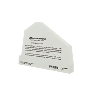 Back of 3/4" thick wooden replica with text about USS Arizona Memorial on a white background