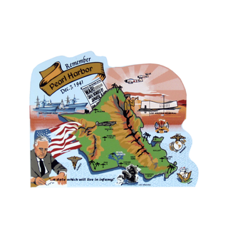 3/4" thick wooden Map of Hawaii with Pearl Harbor sites and historical elements, including a ship and American flag.