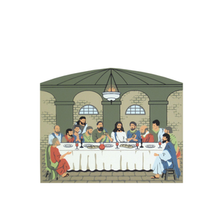 3/4" thick wooden replica with an Illustration of the Last Supper with Jesus and his disciples at a table.