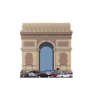 3/4" thick wooden replica with an Illustration of  the Arc de Triomphe with vintage cars in front on a white background