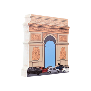 3/4" thick wooden replica with an illustration of the Arc de Triomphe in Paris with stylized cars parked along the bottom, shown from a slight angle on a white background.