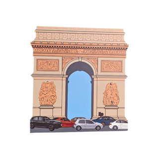 3/4" thick wooden replica with an illustration of the  Arc de Triomphe in Paris with stylized cars along the bottom, isolated on a white background.