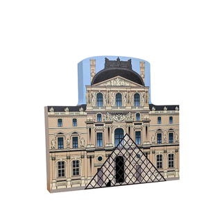 3/4" thick wooden replica with an Illustration of the Louvre Museum with pyramid on a white background
