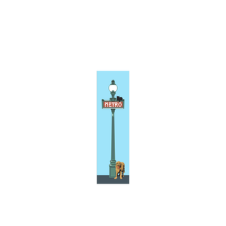3/4" thick wooden replica with an  Illustration of a street lamp with a 'Metro' sign and a dog sitting below on a white background
