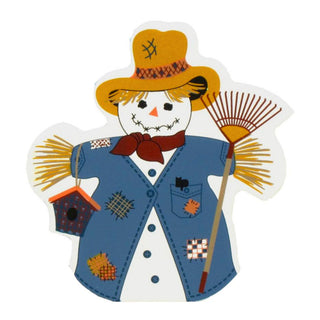 3/4" thick wooden replica with an Illustration of a scarecrow figure with a yellow hat, blue jacket, white shirt, red bow tie, and straw arms, holding a rake and a small hanging birdhouse, shown on a plain white background.