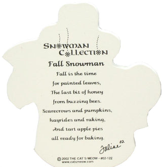back of product featuring a printed poem titled 'Fall Snowman' from 'The Cat's Meow' collection, with black text on a plain white background.