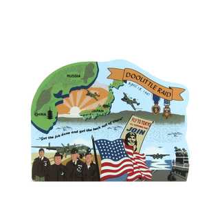 3/4" thick wooden replica with an Illustration of the Doolittle Raid with a map of Japan, American soldiers, and an American flag.