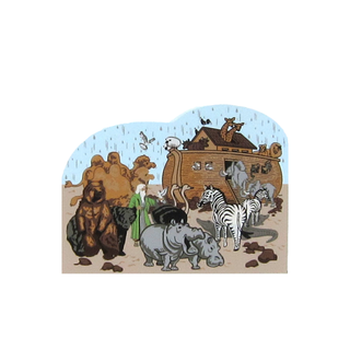 3/4" thick wooden replica with an Illustration of  Noah's Ark with animals and people in a desert setting