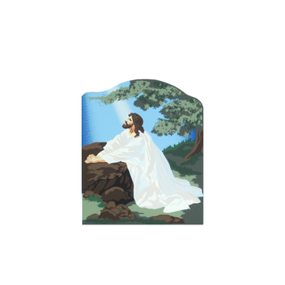 3/4" thick wooden replica with an Illustration of a person in a white robe sitting on a rock with trees and sky in the background