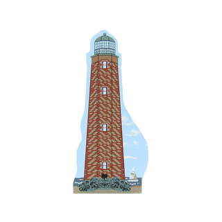 3/4" thick wooden Illustration of a tall brick lighthouse with a sailboat in the background.