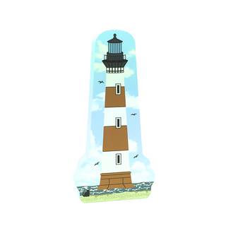 3/4" thick wooden Illustration of a lighthouse with a blue sky and clouds.