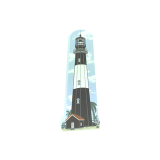 3/4" wooden replica with an illustration of a Lighthouse with a blue sky and palm trees in the background