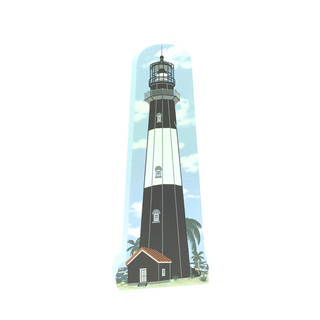 3/4" thick wooden Illustration of a lighthouse with a black and white design, surrounded by palm trees.