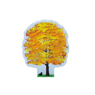 3/4" thick wooden Illustration of a tree with autumn leaves and a black cat underneath on a white background
