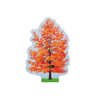 Colorful 3/4" thick wooden tree with orange leaves on a white background