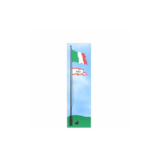 3/4" thick wooden cutout of Italian flag on a pole with a blue sky background