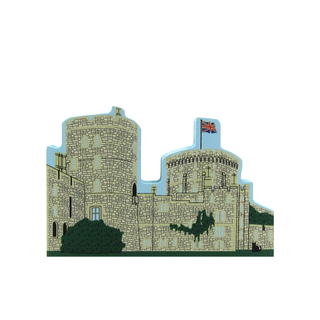 Stylized illustration of a castle with a British flag on a white background
