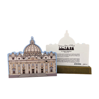 3/4" thick wooden cutout of St. Peter's Basilica with a stand and card on a white background