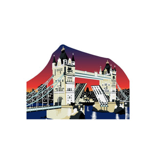 3/4" thick wooden cutout of Tower Bridge with a stylized skyline in the background
