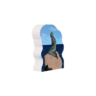 3/4" thick wooden replica with an illustration of the Little Mermaid sitting on a rock by the sea, with blue sky and ocean tones, shown on a plain white background.