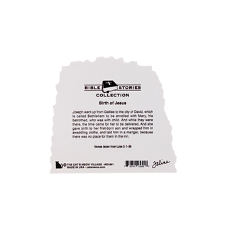 back of 3/4" thick wooden illustration of a nativity scene with Bible text on a white background