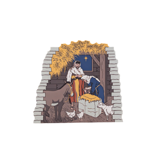 3/4" thick wooden illustration of a nativity scene on a white background