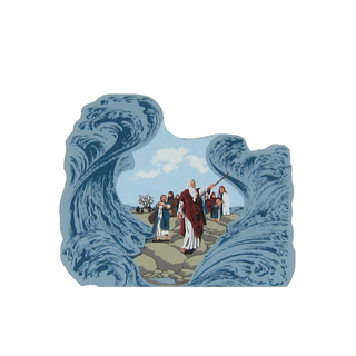 3/4" thick wooden replica with an Illustration with a religious scene of a man leading people across a body of water, framed by stylized waves.