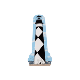 3/4" wooden replica with an illustration of a white and black checkered lighthouse on a white background 