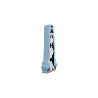 3/4" wooden replica with an illustration of a white and black checkered lighthouse on a white background 