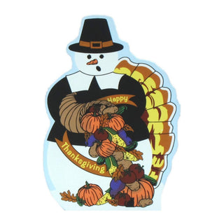 3/4" thick wooden replica with an Illustration of a snowman wearing a black hat and coat, holding a cornucopia filled with pumpkins, gourds, acorns, and autumn leaves. Yellow banners read 'Happy Thanksgiving,' and the design has a light blue outline.