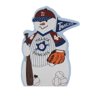 3/4" thick wooden replica with an Illustration of a baseball team design. The snowman wears a maroon cap with a white TC logo, a white pinstripe jersey with blue trim and the words 'Village Tomcats', an orange baseball glove, holds a brown bat, and stands with several white baseballs at the base.