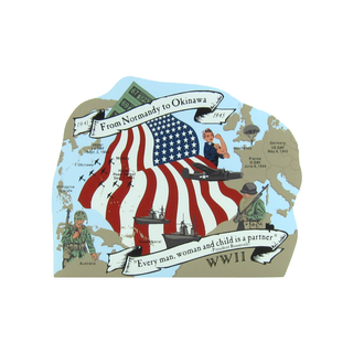 3/4" thick wooden Map of Pacific theater with American flag, soldiers, and text from WWII